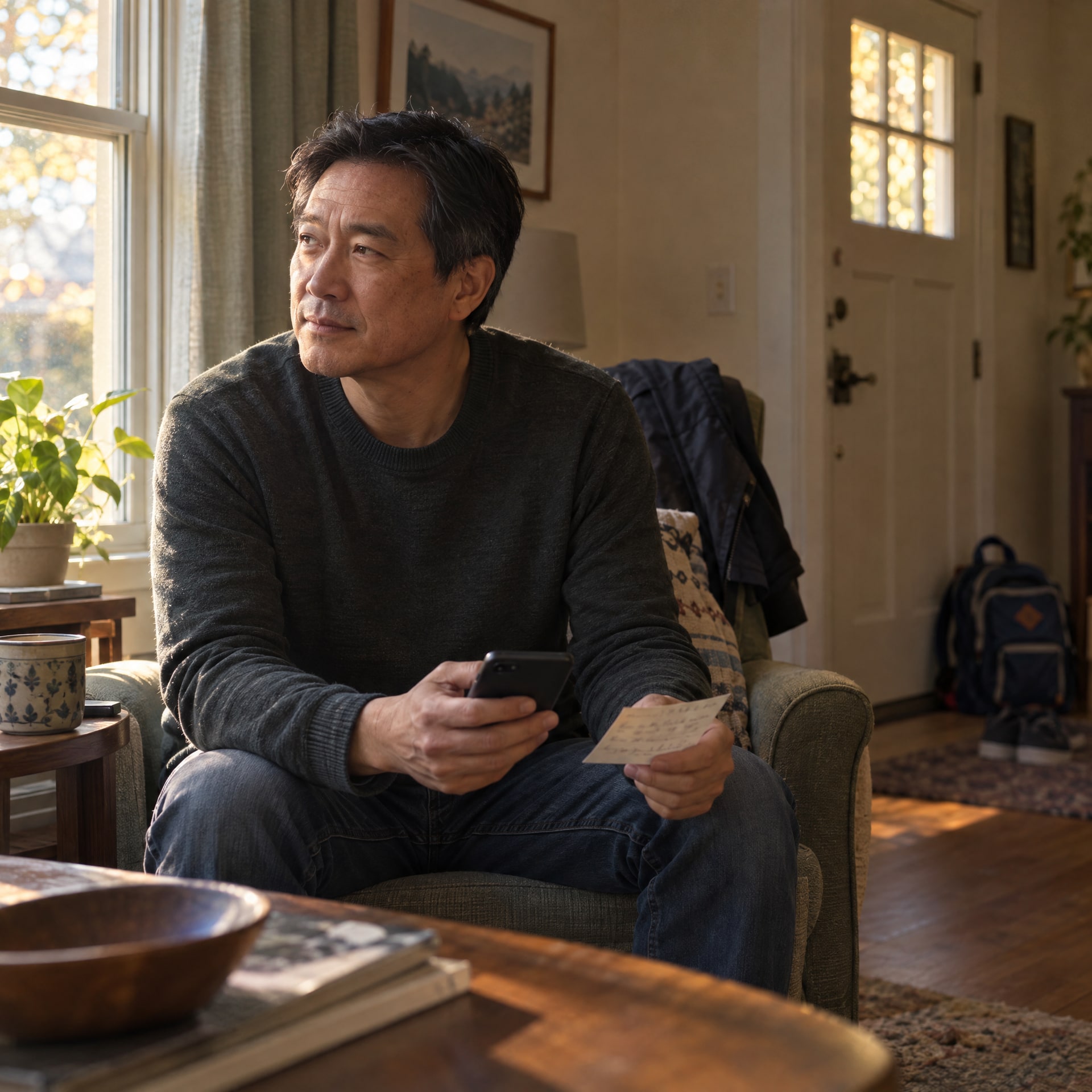 A parent at home holding a phone and a note while considering a counseling inquiry