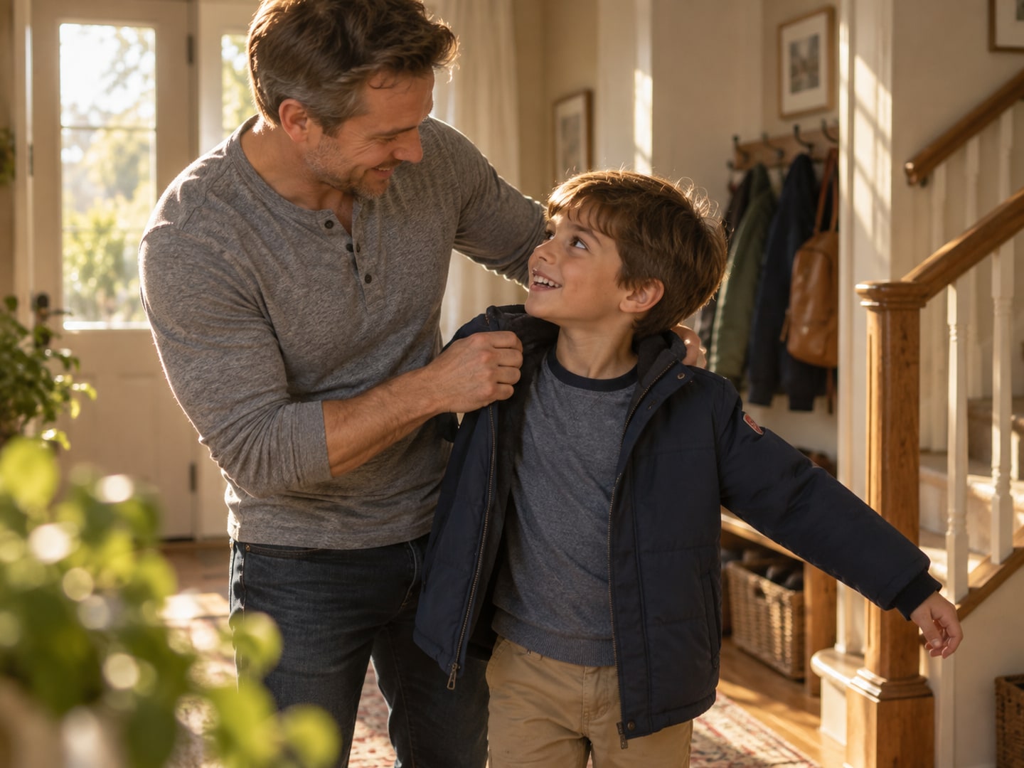 A father and son share a morning task at home.