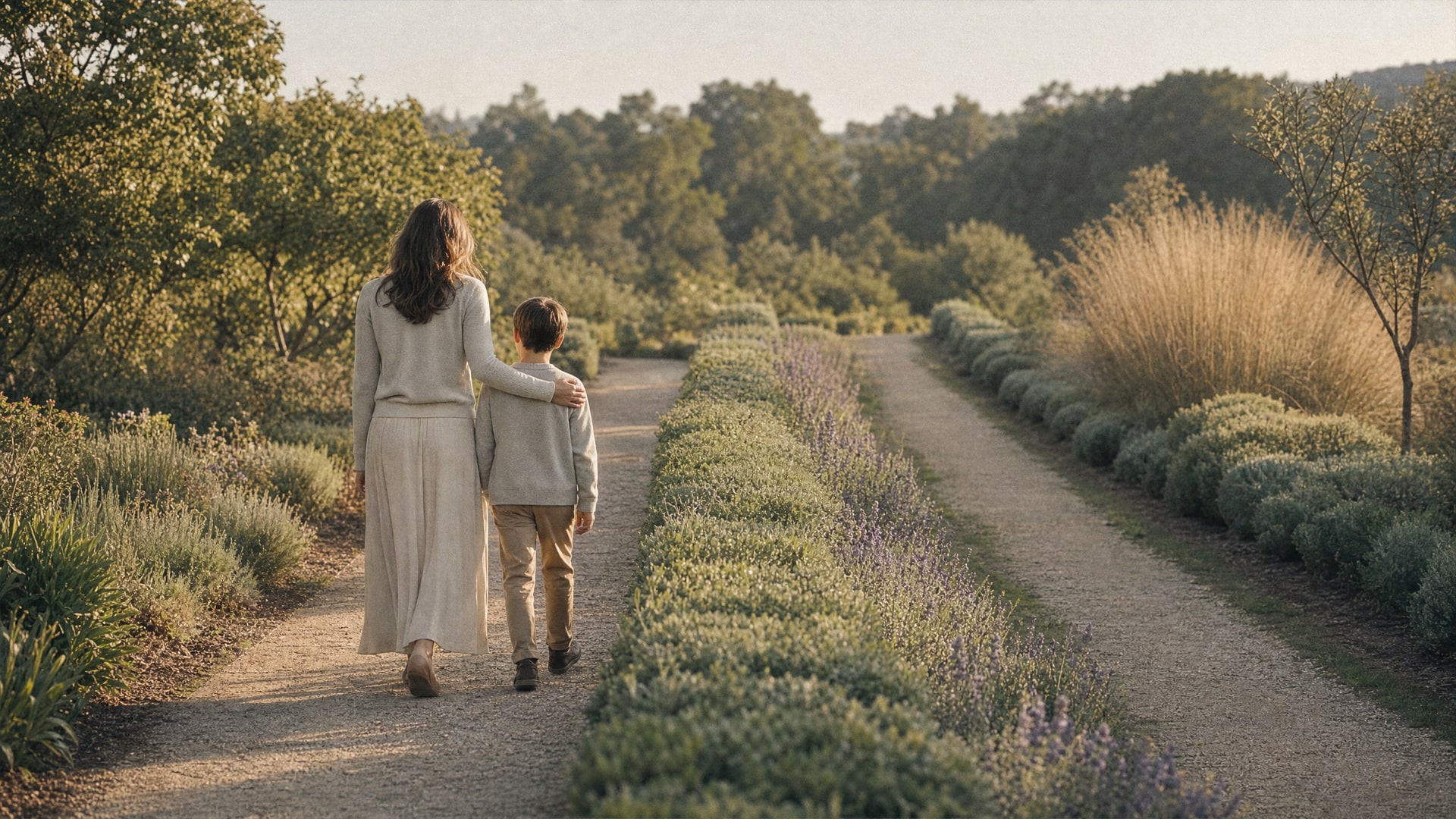 A mother walking with her son along one of two parallel garden paths in warm evening light, her hand on his shoulder