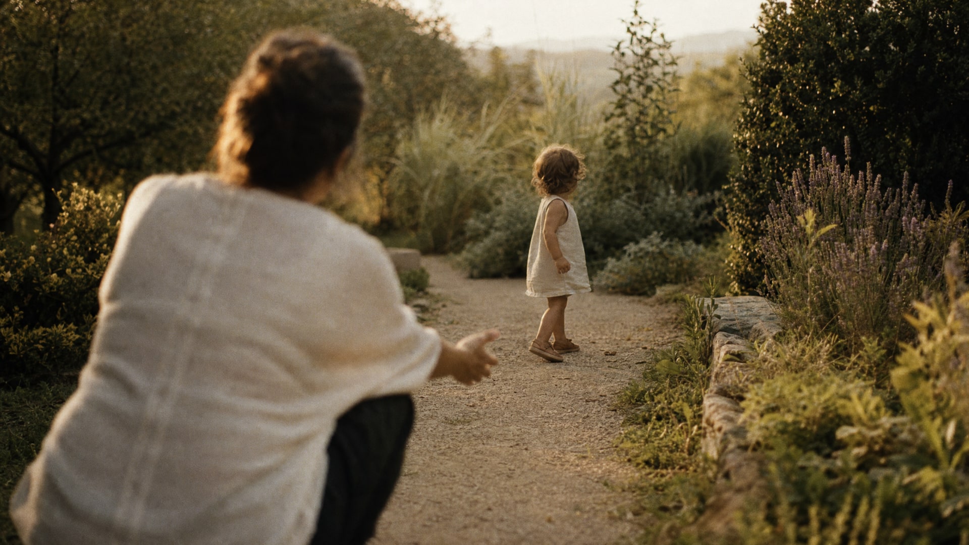 A parent kneeling with an open hand on a garden path as a young child a few steps away begins to turn back toward them